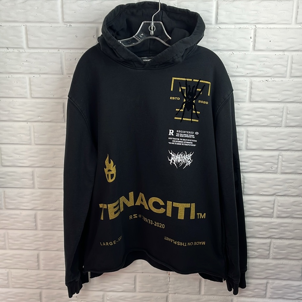 TENACITI Spider Black Hoodie 100% COTTON METALLIC GOLD VELVET SPIDER MENS SZ LG - Picture 3 of 16